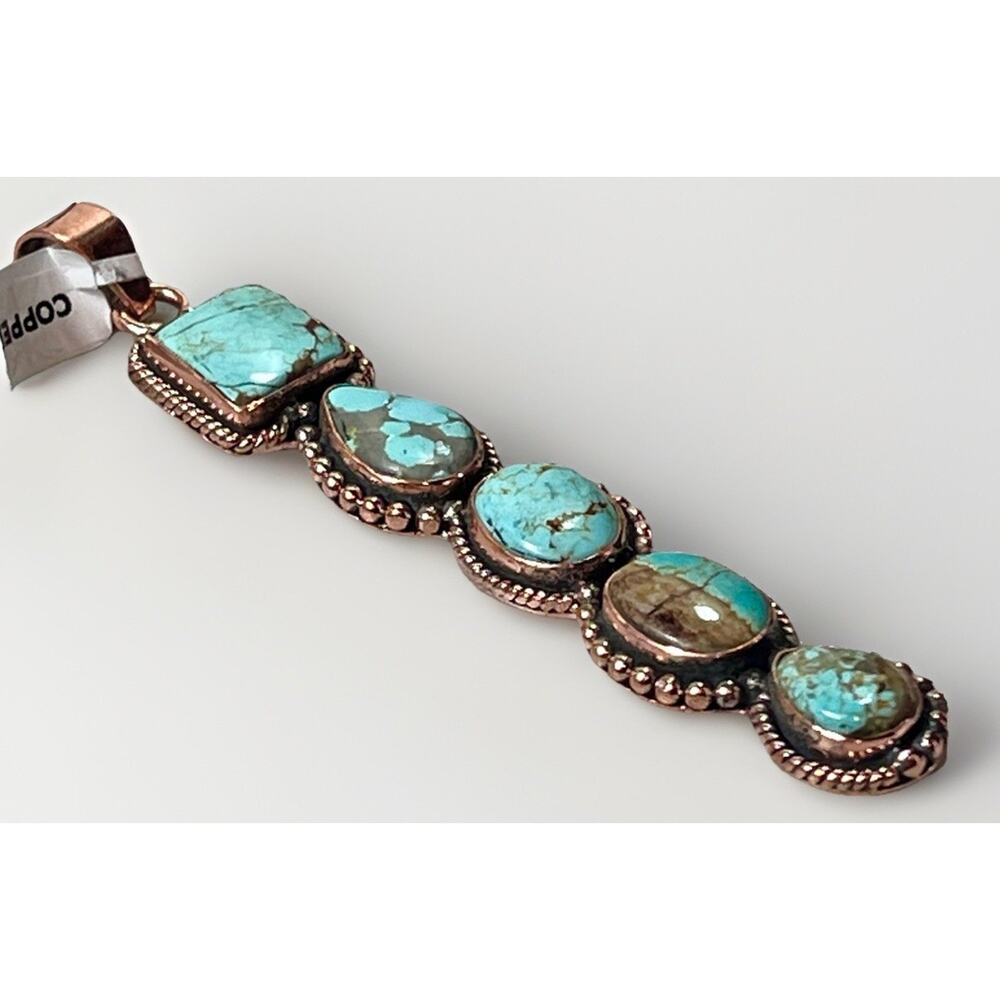 Southwestern No. 8 Mine Turquoise Five Stone Copper Statement Pendant 3.5” - Picture 11 of 16